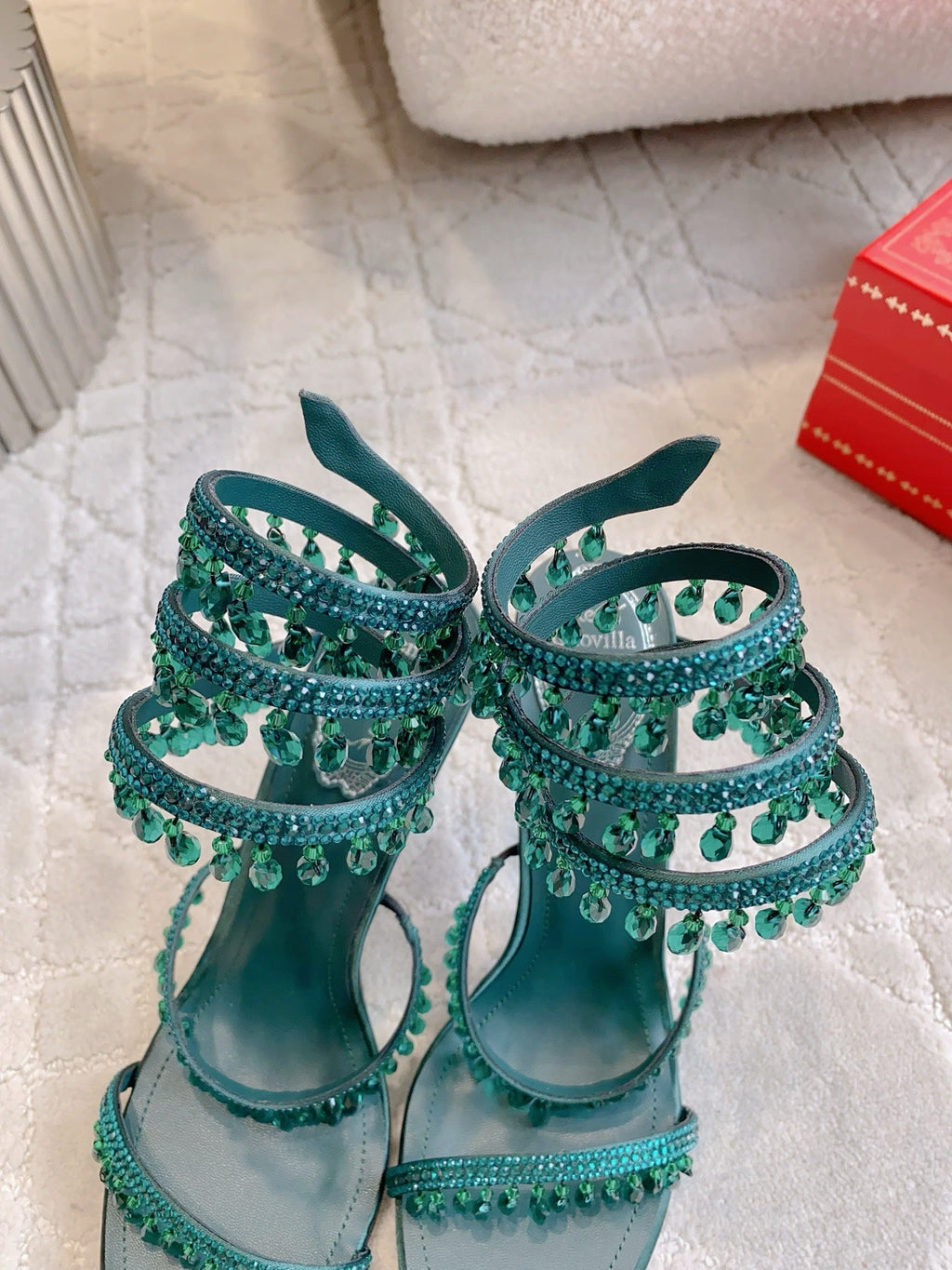 RENE CAOVILLA 26S CLEO HIGH HEELS SANDALS 95 MM IN DARK GREEN LAMBSKIN STYLE 15