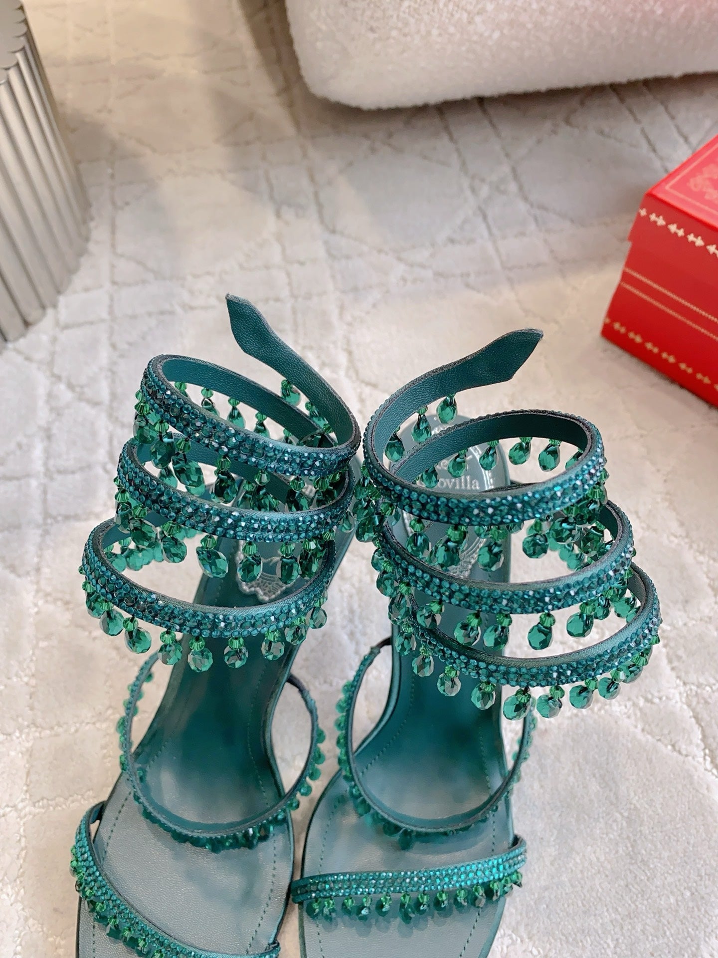 RENE CAOVILLA 26S CLEO HIGH HEELS SANDALS 95 MM IN DARK GREEN LAMBSKIN STYLE 15
