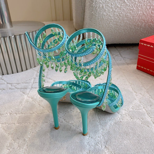 RENE CAOVILLA 26S CLEO HIGH HEELS SANDALS 95 MM IN AQUA BLUE METALLIC LAMBSKIN STYLE 9
