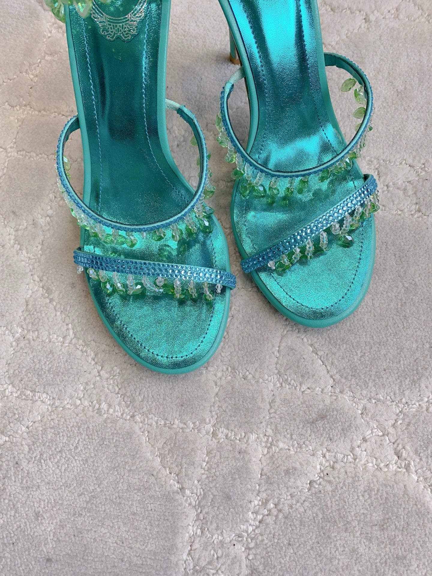 RENE CAOVILLA 26S CLEO HIGH HEELS SANDALS 95 MM IN AQUA BLUE METALLIC LAMBSKIN STYLE 9