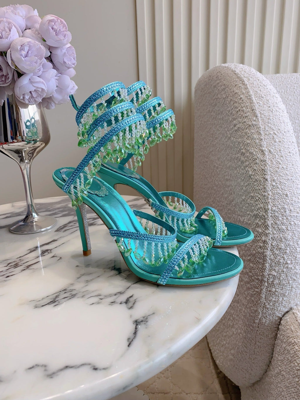RENE CAOVILLA 26S CLEO HIGH HEELS SANDALS 95 MM IN AQUA BLUE METALLIC LAMBSKIN STYLE 9