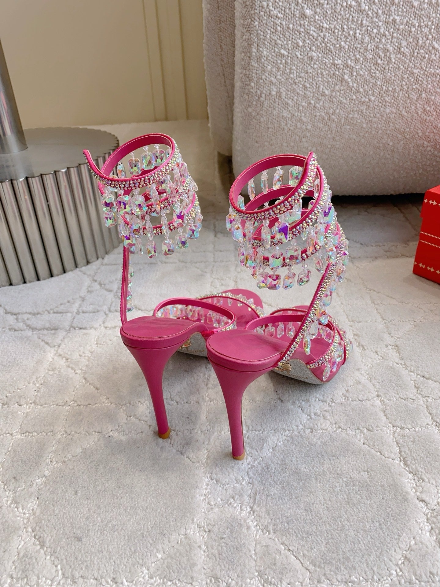 RENE CAOVILLA 26S CLEO HIGH HEELS SANDALS 95 MM IN PINK LAMBSKIN STYLE 14