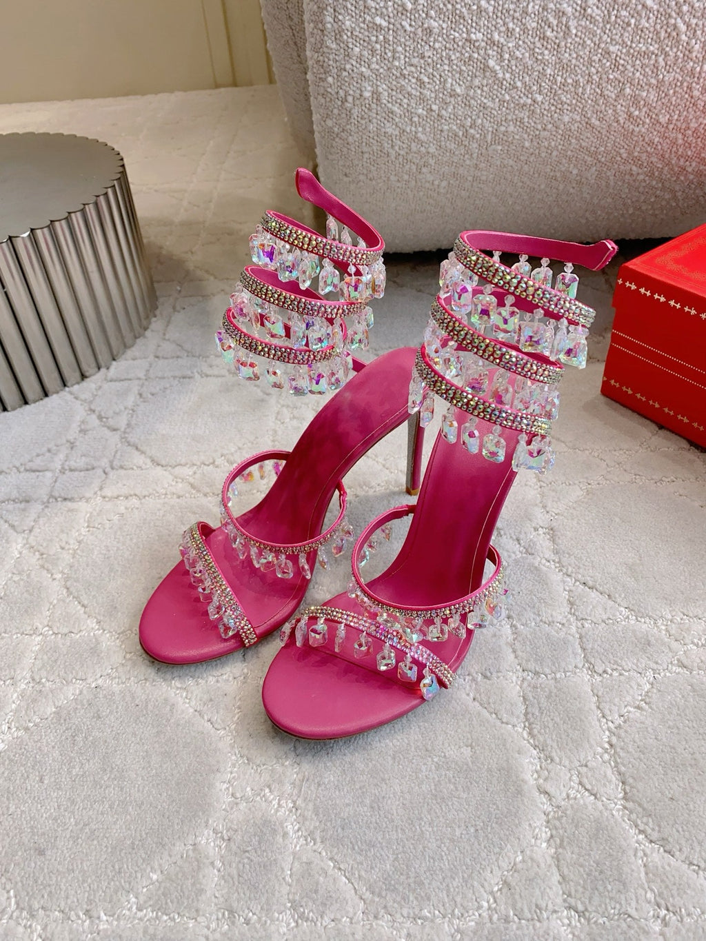 RENE CAOVILLA 26S CLEO HIGH HEELS SANDALS 95 MM IN PINK LAMBSKIN STYLE 14