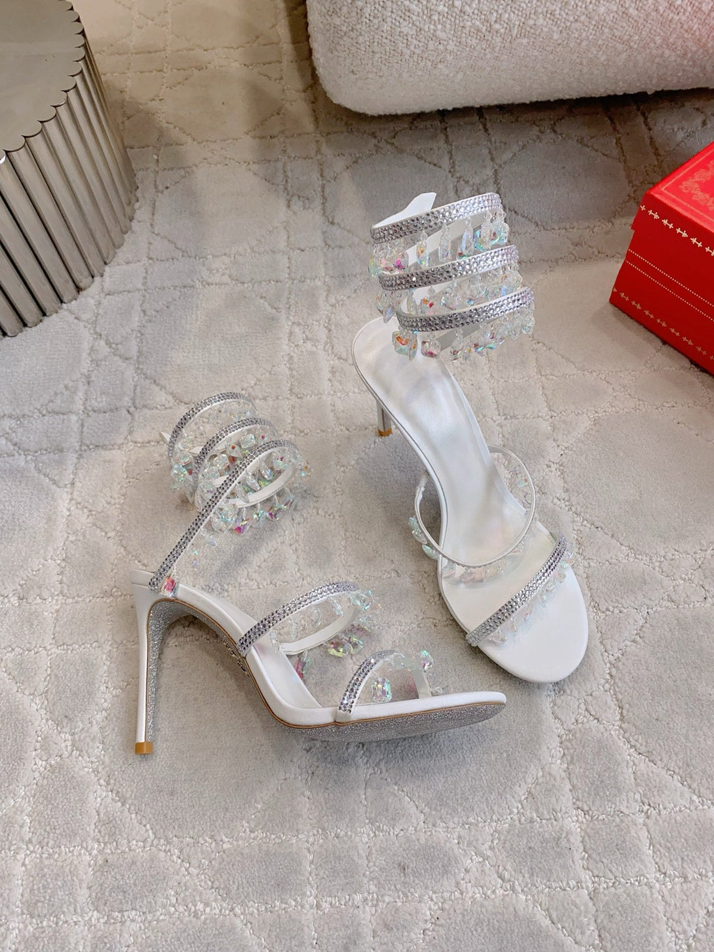 RENE CAOVILLA 26S CLEO HIGH HEELS SANDALS 95 MM IN WHITE LAMBSKIN STYLE 10