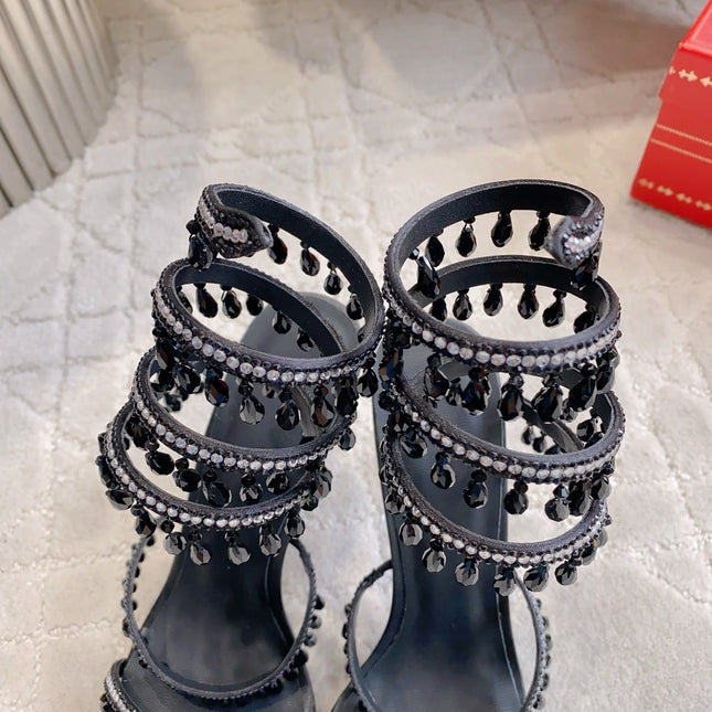RENE CAOVILLA 26S CLEO HIGH HEELS SANDALS 95 MM IN BLACK LAMBSKIN STYLE 8