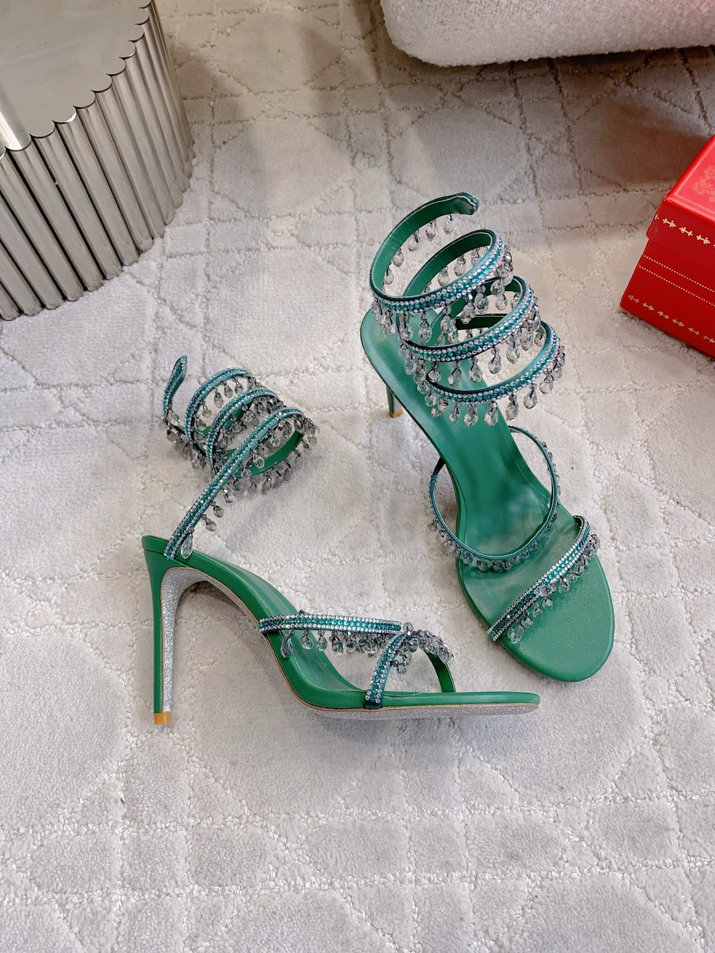 RENE CAOVILLA 26S CLEO HIGH HEELS SANDALS 95 MM IN GREEN LAMBSKIN