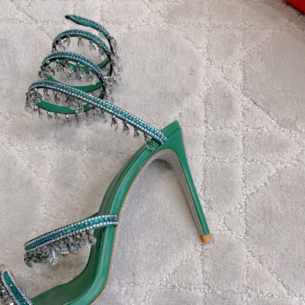 RENE CAOVILLA 26S CLEO HIGH HEELS SANDALS 95 MM IN GREEN LAMBSKIN