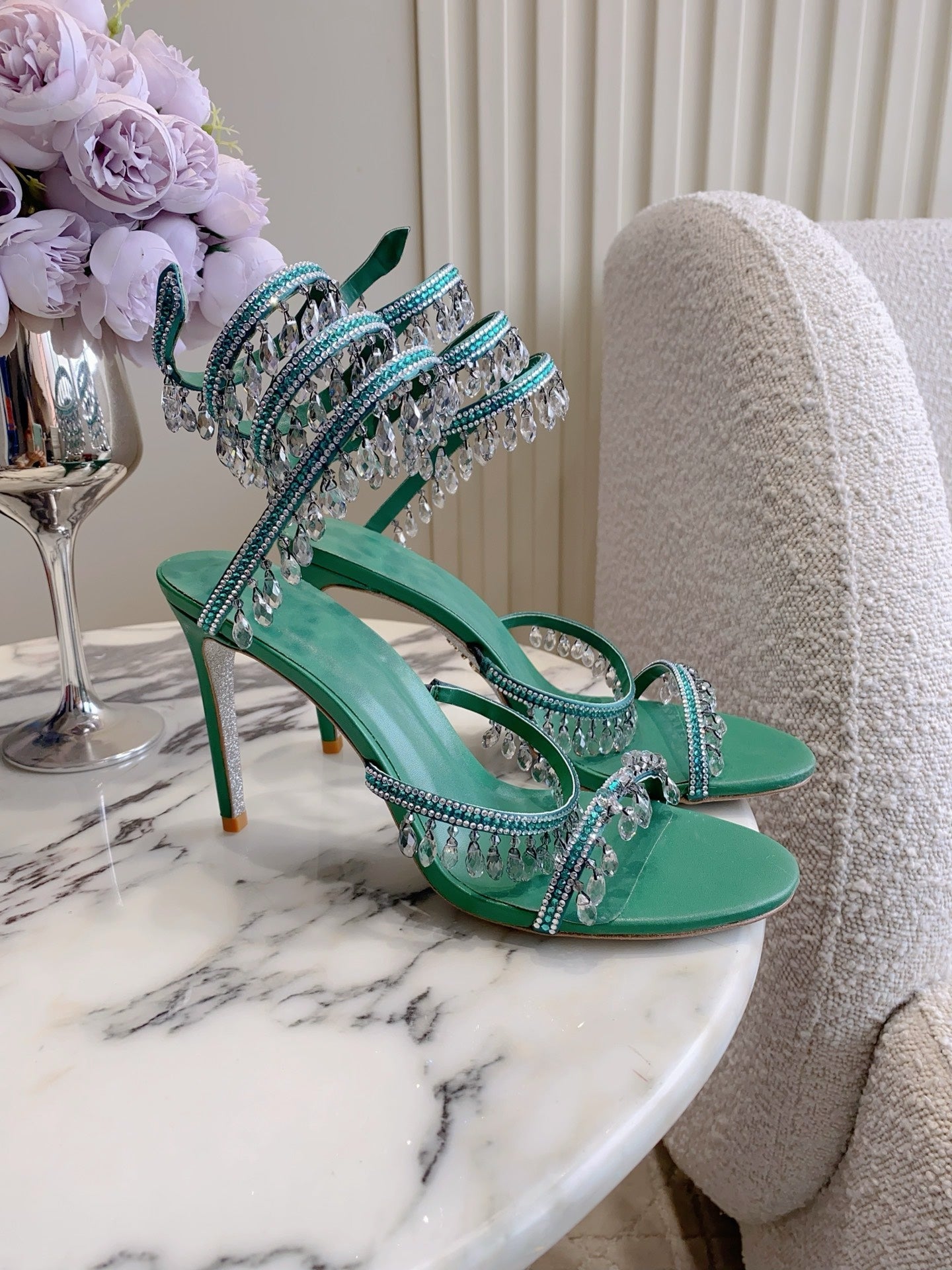 RENE CAOVILLA 26S CLEO HIGH HEELS SANDALS 95 MM IN GREEN LAMBSKIN