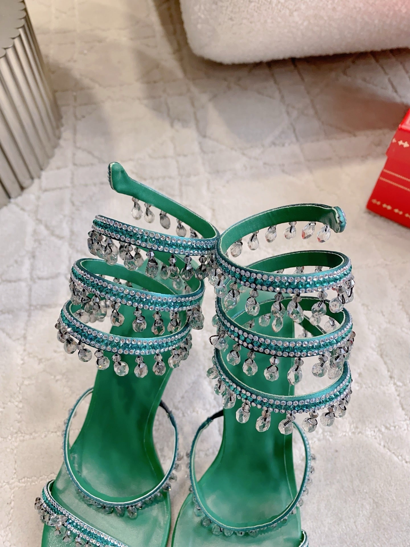 RENE CAOVILLA 26S CLEO HIGH HEELS SANDALS 95 MM IN GREEN LAMBSKIN