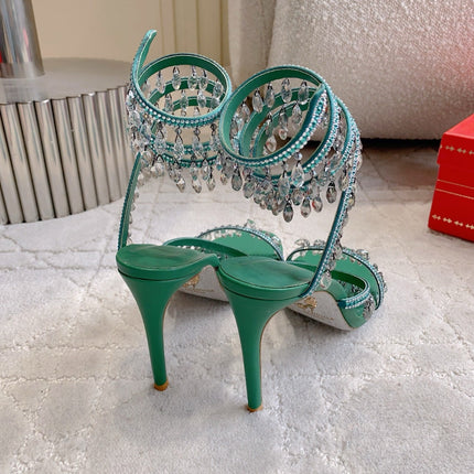 RENE CAOVILLA 26S CLEO HIGH HEELS SANDALS 95 MM IN GREEN LAMBSKIN
