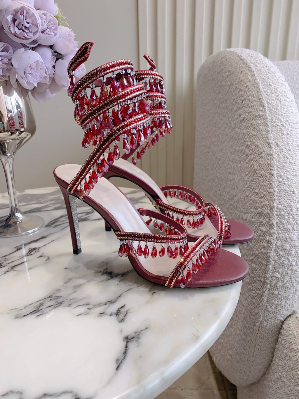 RENE CAOVILLA 26S CLEO HIGH HEELS SANDALS 95 MM IN DARK RED LAMBSKIN STYLE 12
