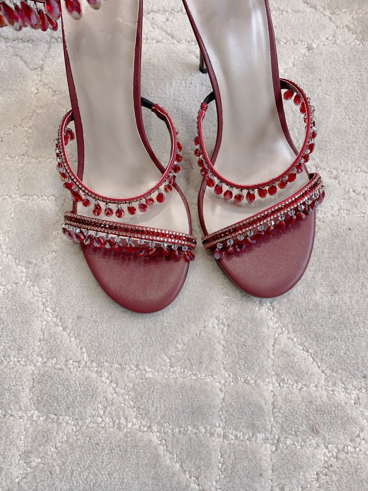 RENE CAOVILLA 26S CLEO HIGH HEELS SANDALS 95 MM IN DARK RED LAMBSKIN STYLE 12