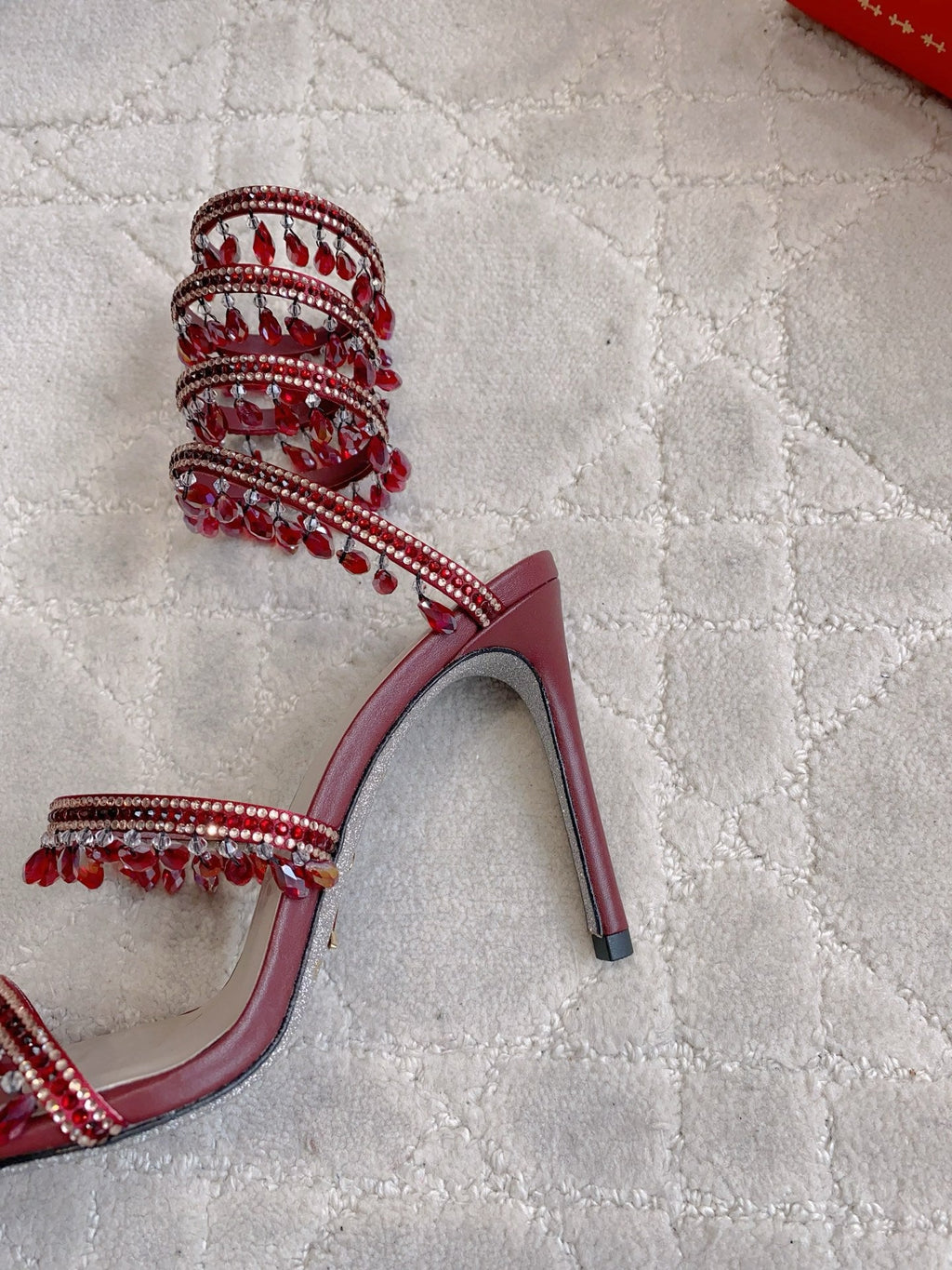 RENE CAOVILLA 26S CLEO HIGH HEELS SANDALS 95 MM IN DARK RED LAMBSKIN STYLE 12