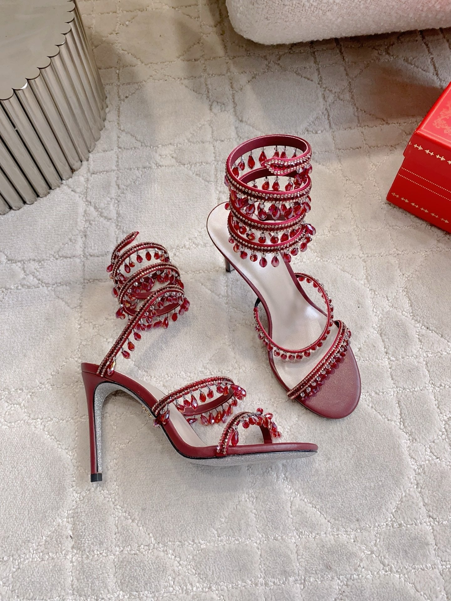 RENE CAOVILLA 26S CLEO HIGH HEELS SANDALS 95 MM IN DARK RED LAMBSKIN STYLE 12