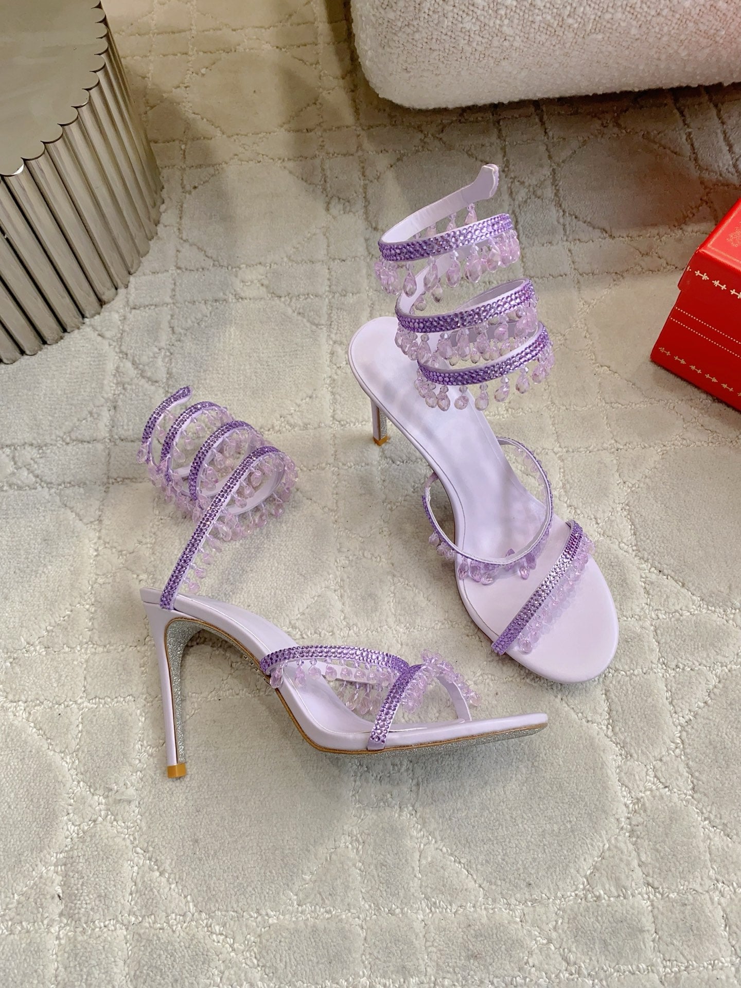 RENE CAOVILLA 26S CLEO HIGH HEELS SANDALS 95 MM IN LIGHT PURPLE LAMBSKIN STYLE 11