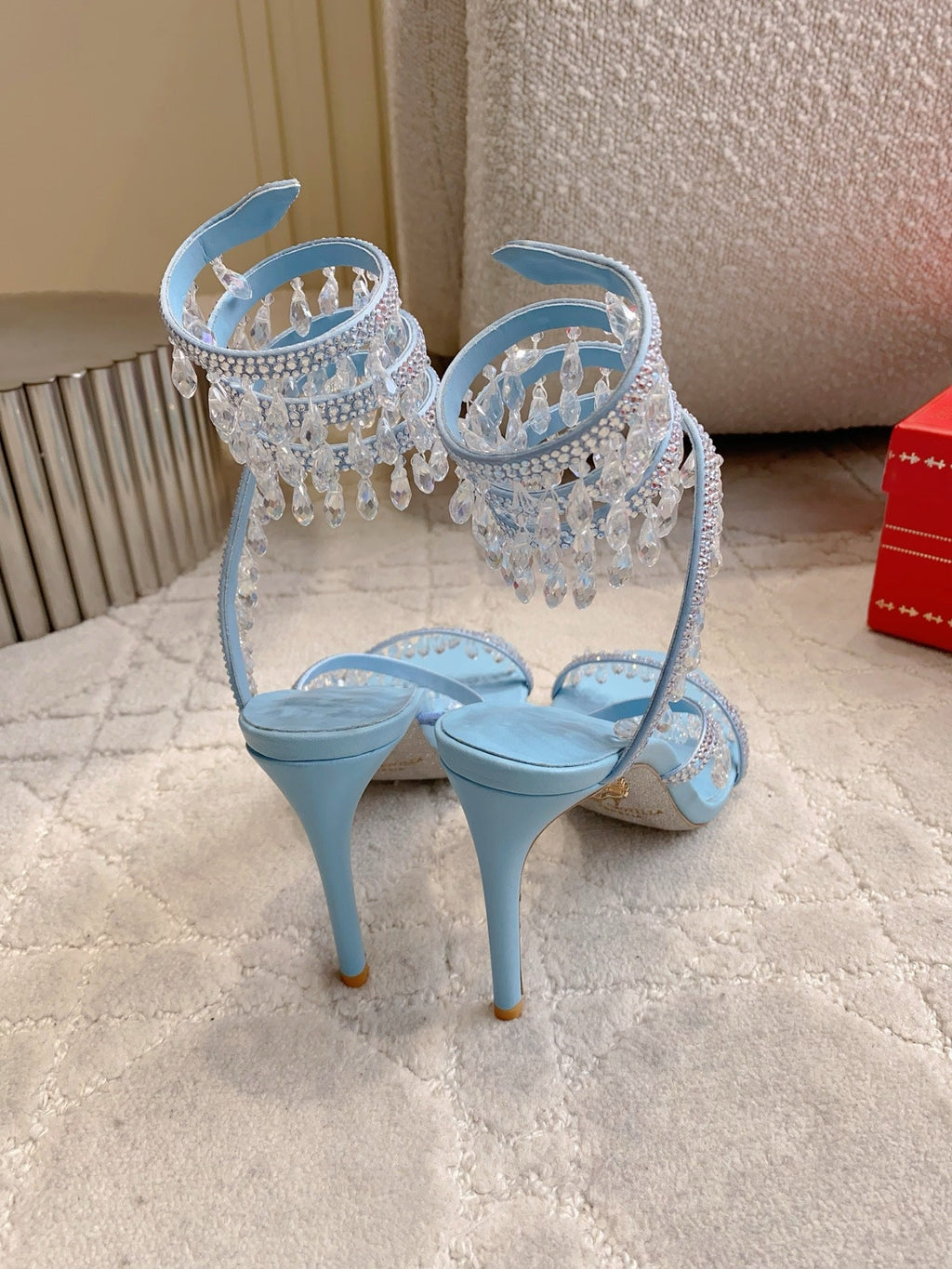 RENE CAOVILLA 26S CLEO HIGH HEELS SANDALS 95 MM IN LIGHT BLUE LAMBSKIN
