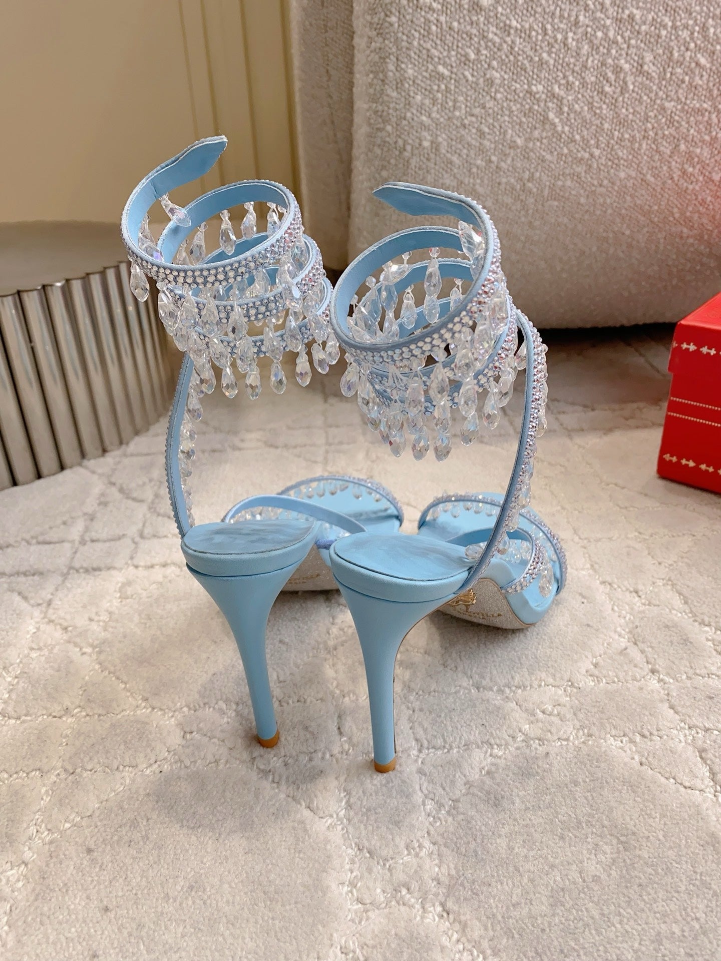 RENE CAOVILLA 26S CLEO HIGH HEELS SANDALS 95 MM IN LIGHT BLUE LAMBSKIN