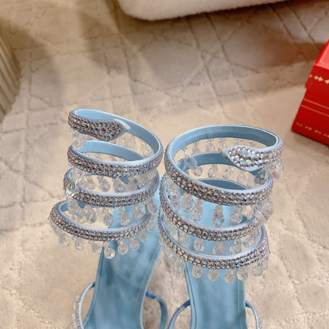 RENE CAOVILLA 26S CLEO HIGH HEELS SANDALS 95 MM IN LIGHT BLUE LAMBSKIN