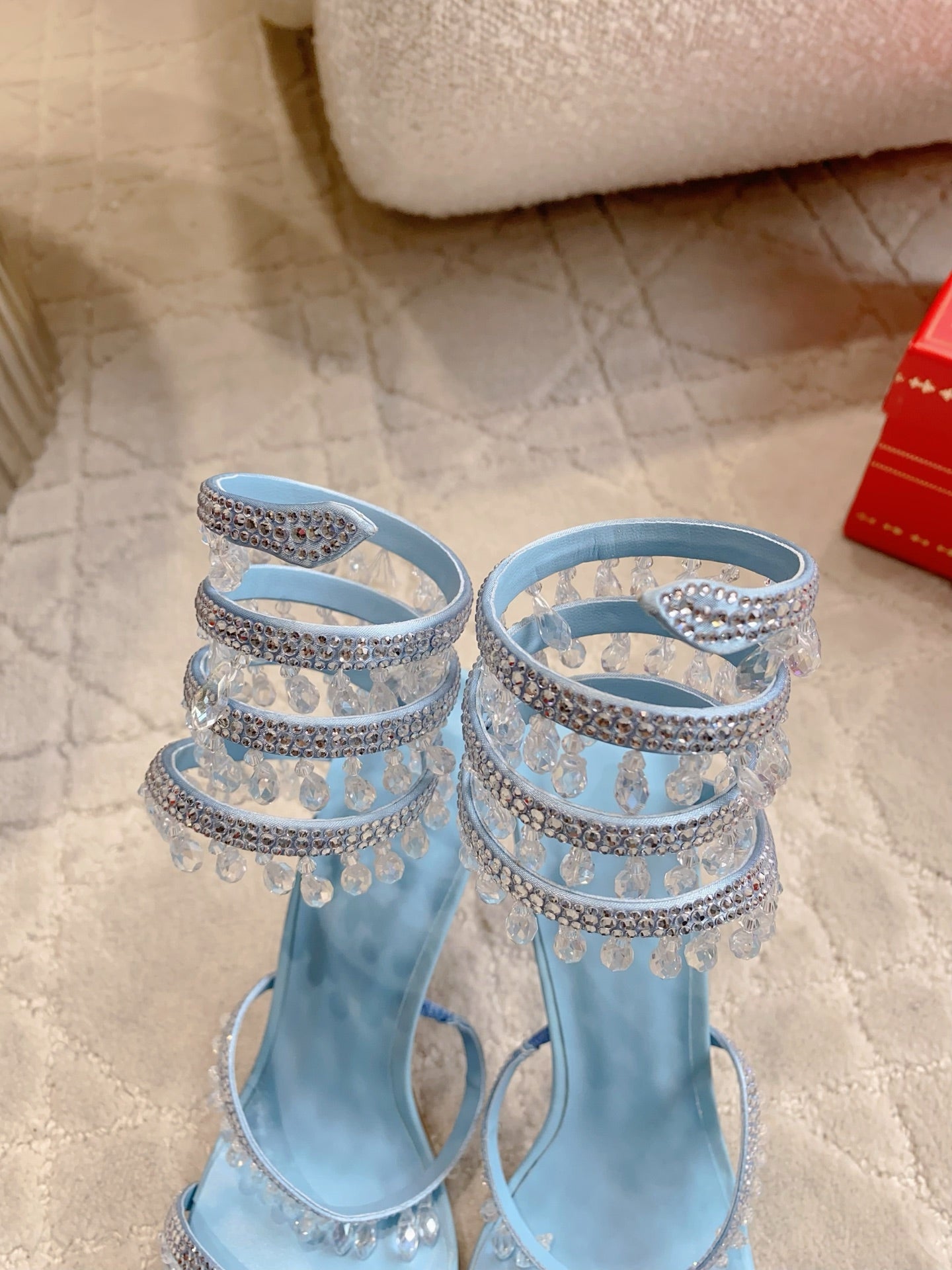RENE CAOVILLA 26S CLEO HIGH HEELS SANDALS 95 MM IN LIGHT BLUE LAMBSKIN