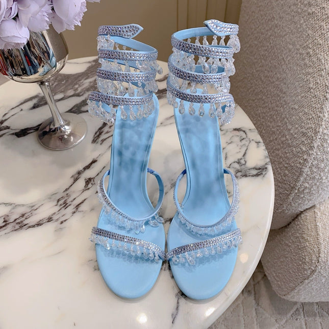 RENE CAOVILLA 26S CLEO HIGH HEELS SANDALS 95 MM IN LIGHT BLUE LAMBSKIN