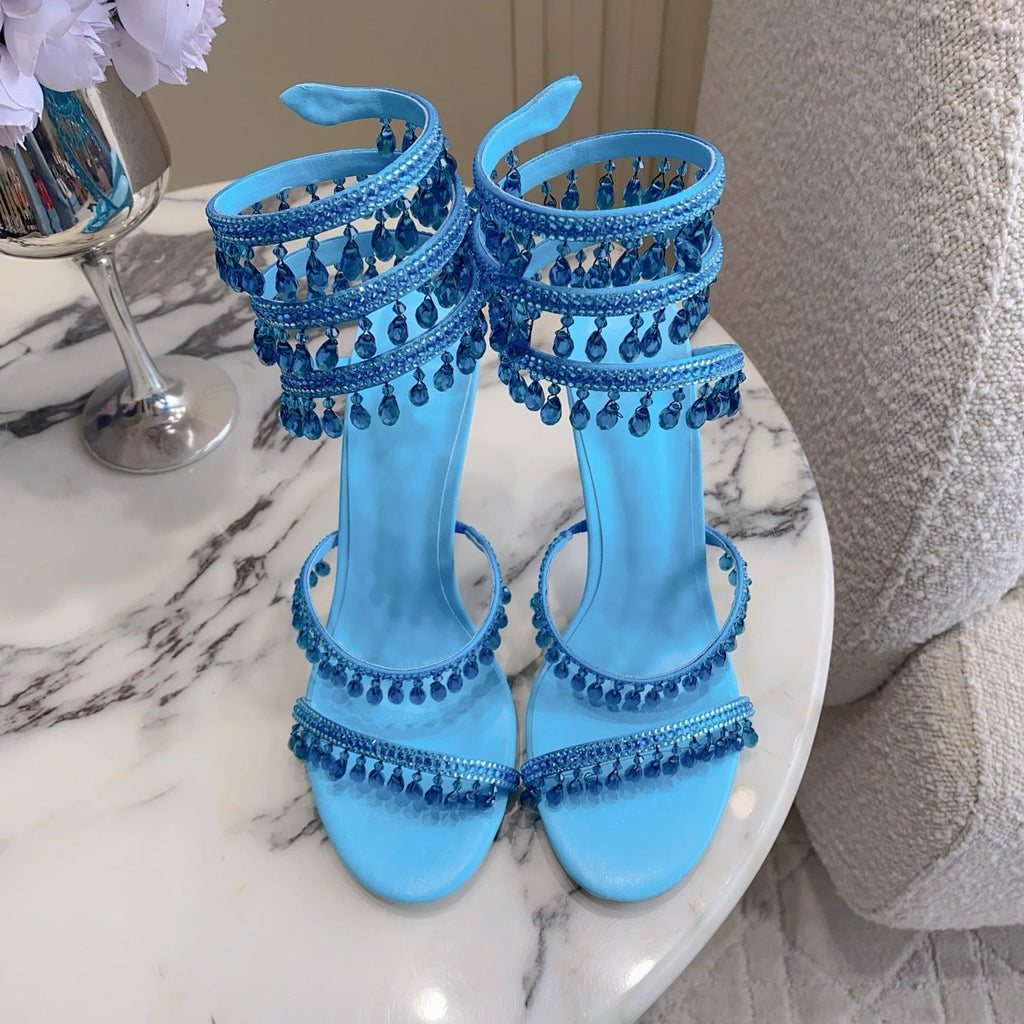 RENE CAOVILLA 26S CLEO HIGH HEELS SANDALS 95 MM IN BLUE LAMBSKIN