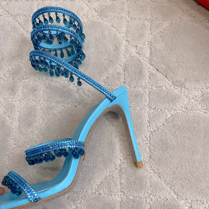 RENE CAOVILLA 26S CLEO HIGH HEELS SANDALS 95 MM IN BLUE LAMBSKIN