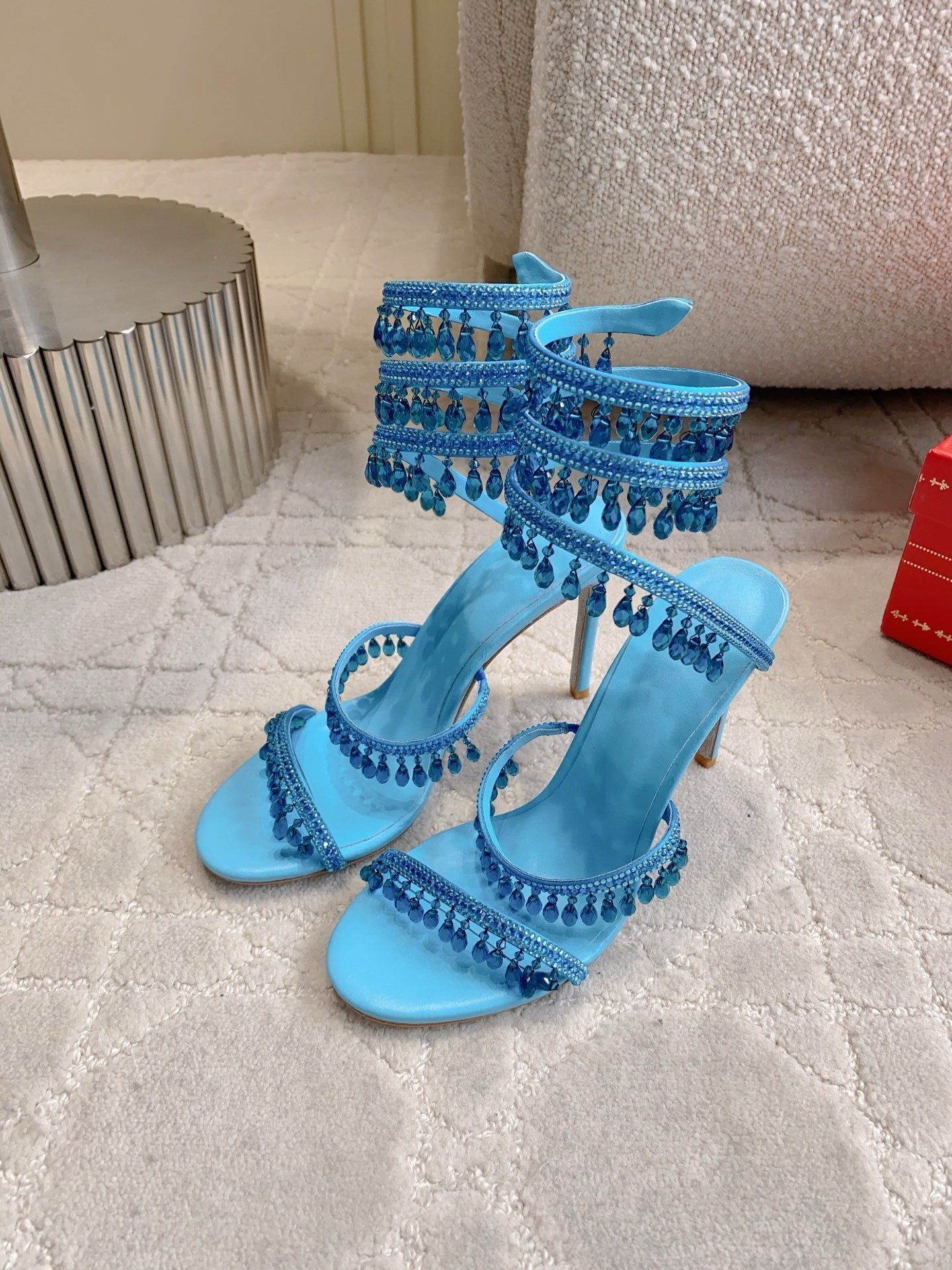 RENE CAOVILLA 26S CLEO HIGH HEELS SANDALS 95 MM IN BLUE LAMBSKIN