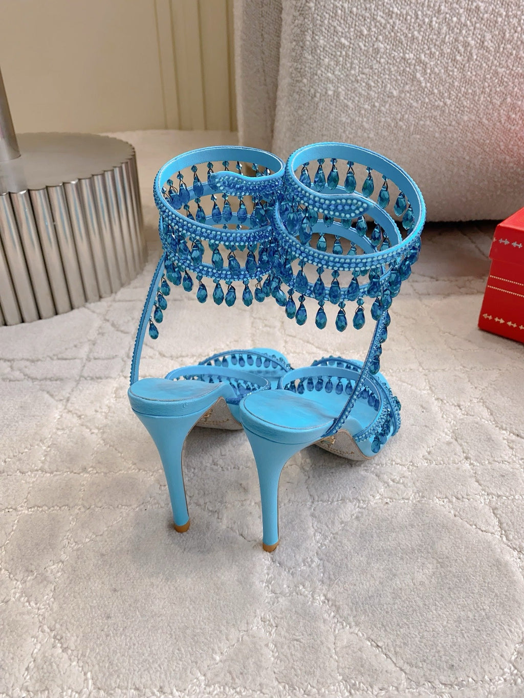 RENE CAOVILLA 26S CLEO HIGH HEELS SANDALS 95 MM IN BLUE LAMBSKIN