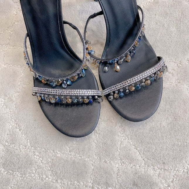 RENE CAOVILLA 26S CLEO HIGH HEELS SANDALS 95 MM IN BLACK LAMBSKIN STYLE 6