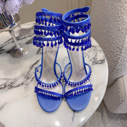 RENE CAOVILLA 26S CLEO HIGH HEELS SANDALS 95 MM IN NAVY BLUE LAMBSKIN