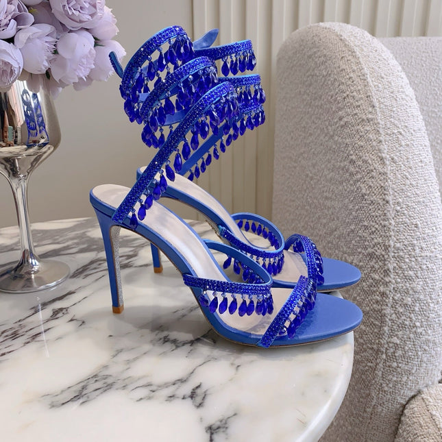 RENE CAOVILLA 26S CLEO HIGH HEELS SANDALS 95 MM IN NAVY BLUE LAMBSKIN