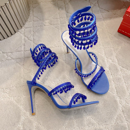 RENE CAOVILLA 26S CLEO HIGH HEELS SANDALS 95 MM IN NAVY BLUE LAMBSKIN