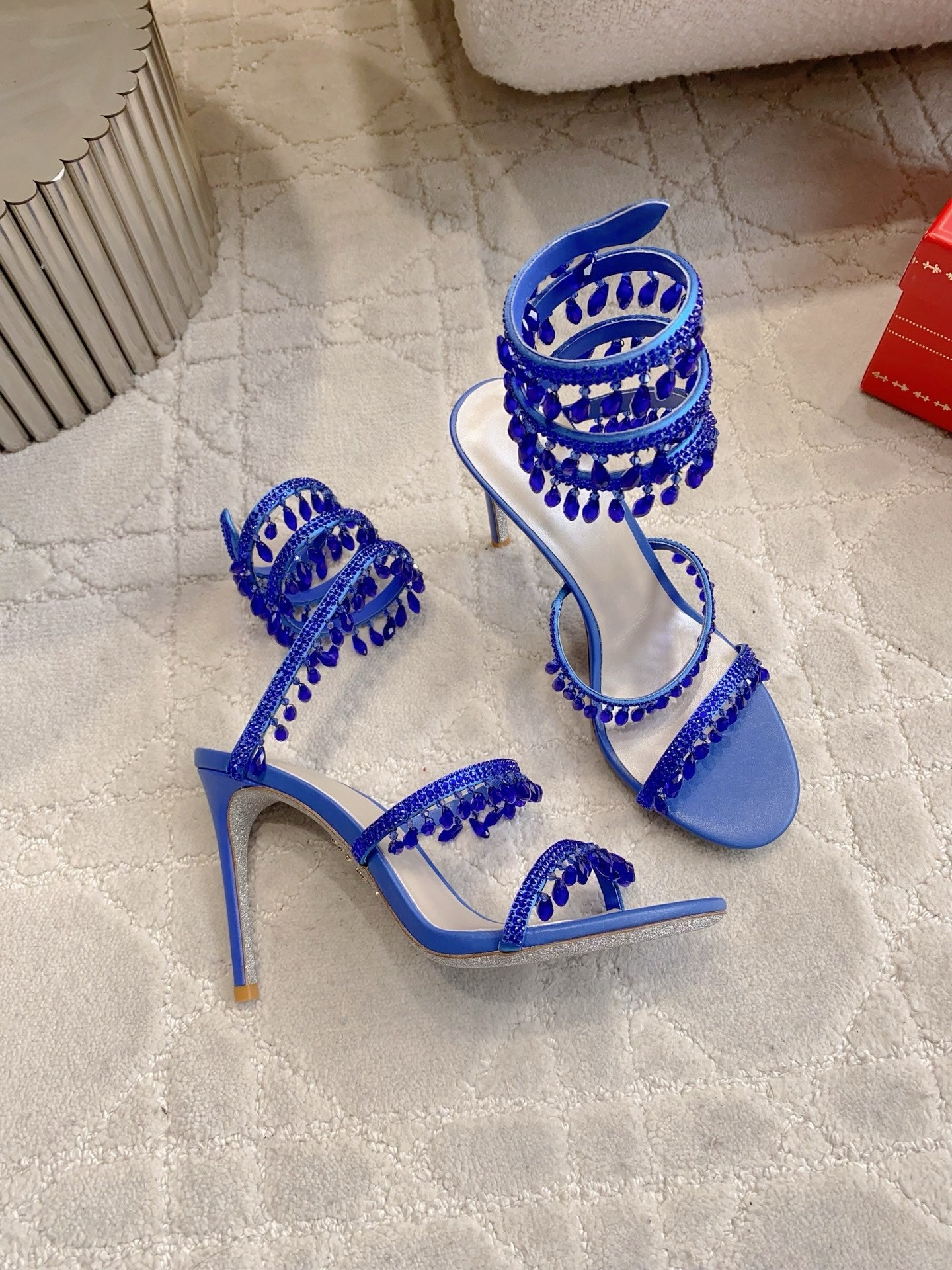 RENE CAOVILLA 26S CLEO HIGH HEELS SANDALS 95 MM IN NAVY BLUE LAMBSKIN