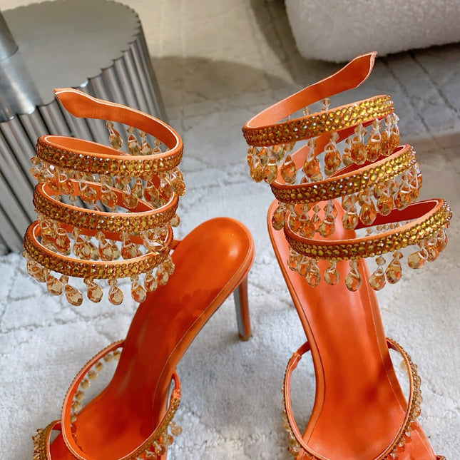 RENE CAOVILLA 26S CLEO HIGH HEELS SANDALS 95 MM IN ORANGE LAMBSKIN STYLE 4