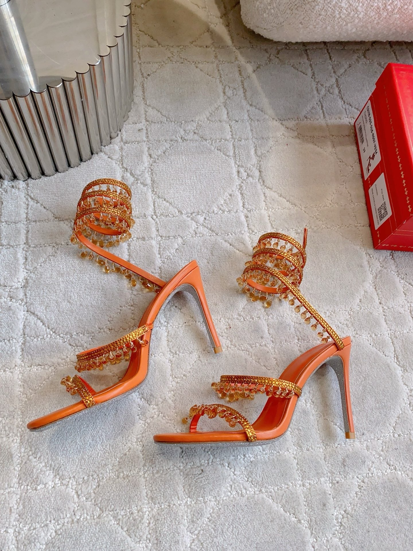 RENE CAOVILLA 26S CLEO HIGH HEELS SANDALS 95 MM IN ORANGE LAMBSKIN STYLE 4