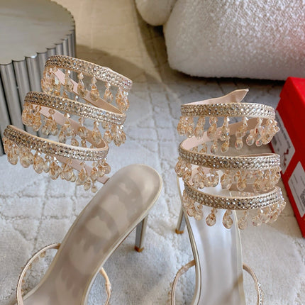 RENE CAOVILLA 26S CLEO HIGH HEELS SANDALS 95 MM IN LIGHT BEIGE LAMBSKIN