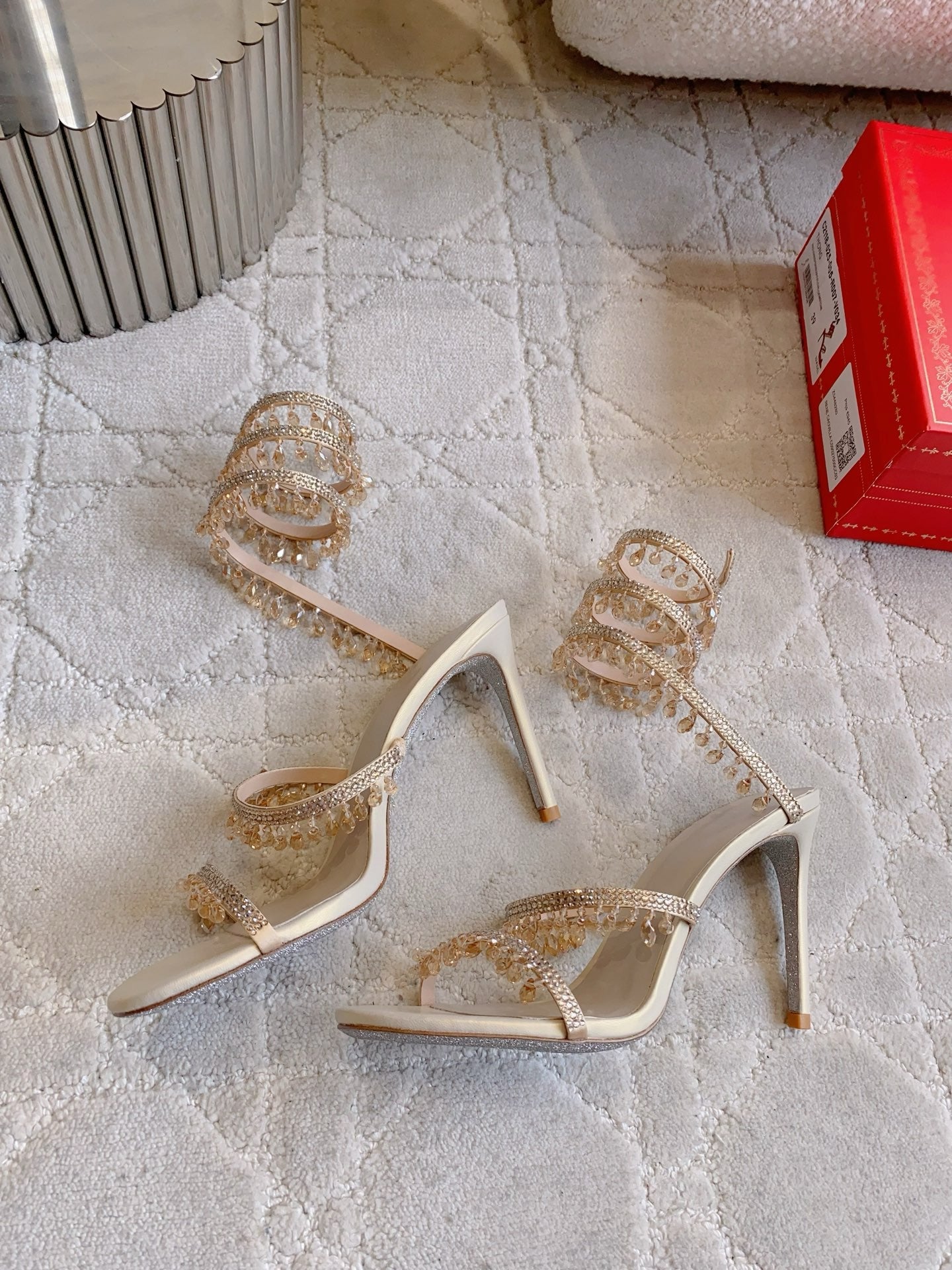 RENE CAOVILLA 26S CLEO HIGH HEELS SANDALS 95 MM IN LIGHT BEIGE LAMBSKIN
