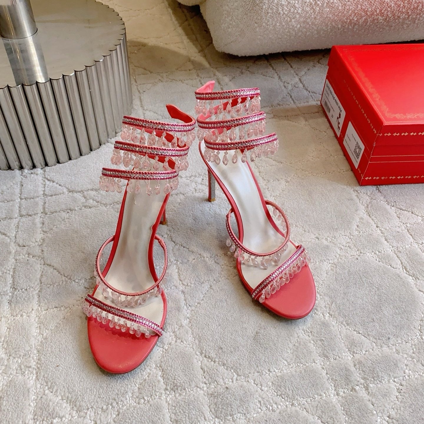 RENE CAOVILLA 26S CLEO HIGH HEELS SANDALS 95 MM IN RED LAMBSKIN