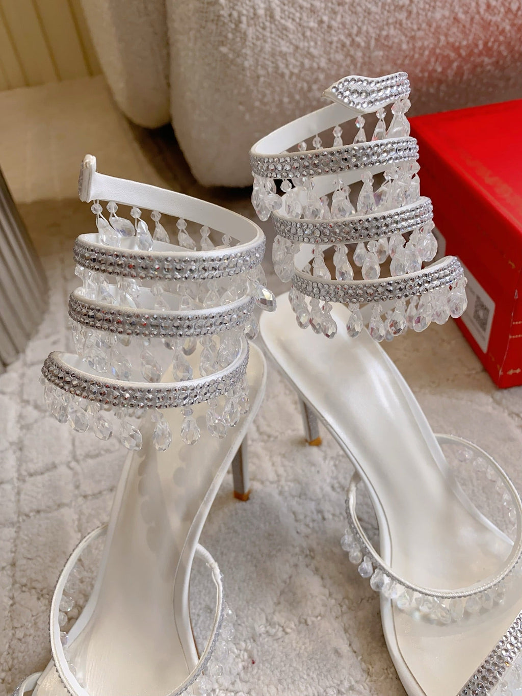 RENE CAOVILLA 26S CLEO HIGH HEELS SANDALS 95 MM IN WHITE LAMBSKIN STYLE 1