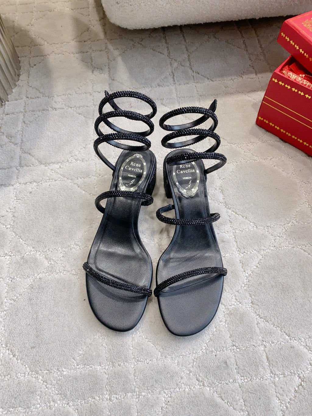RENE CAOVILLA 26S RHINESTONE HIGH HEELS SANDALS 45 MM IN BLACK LAMBSKIN