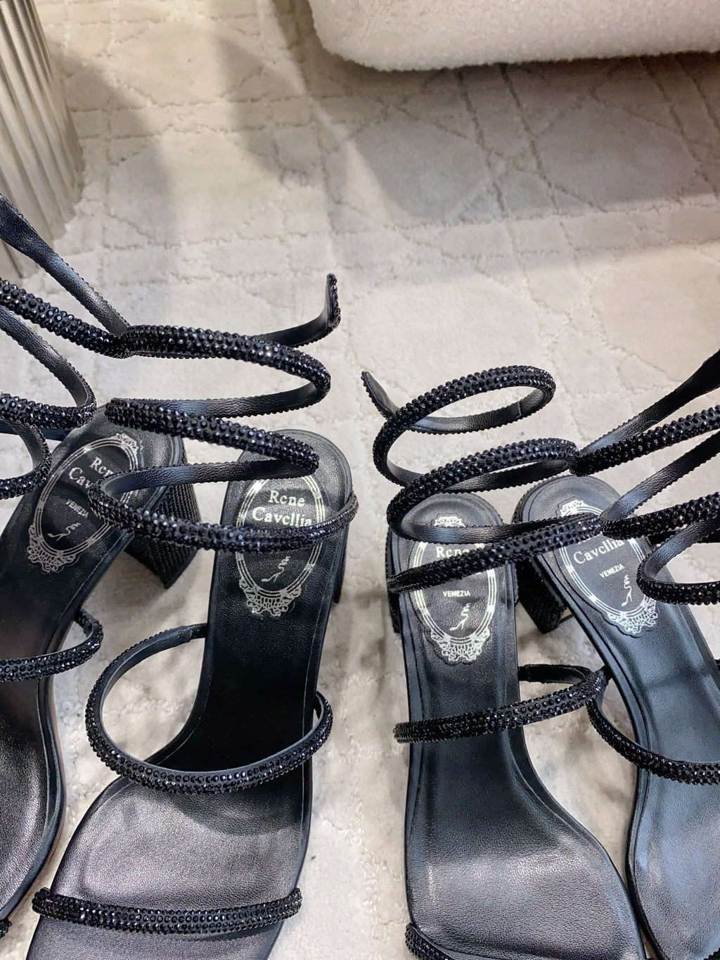 RENE CAOVILLA 26S RHINESTONE HIGH HEELS SANDALS 45 MM IN BLACK LAMBSKIN
