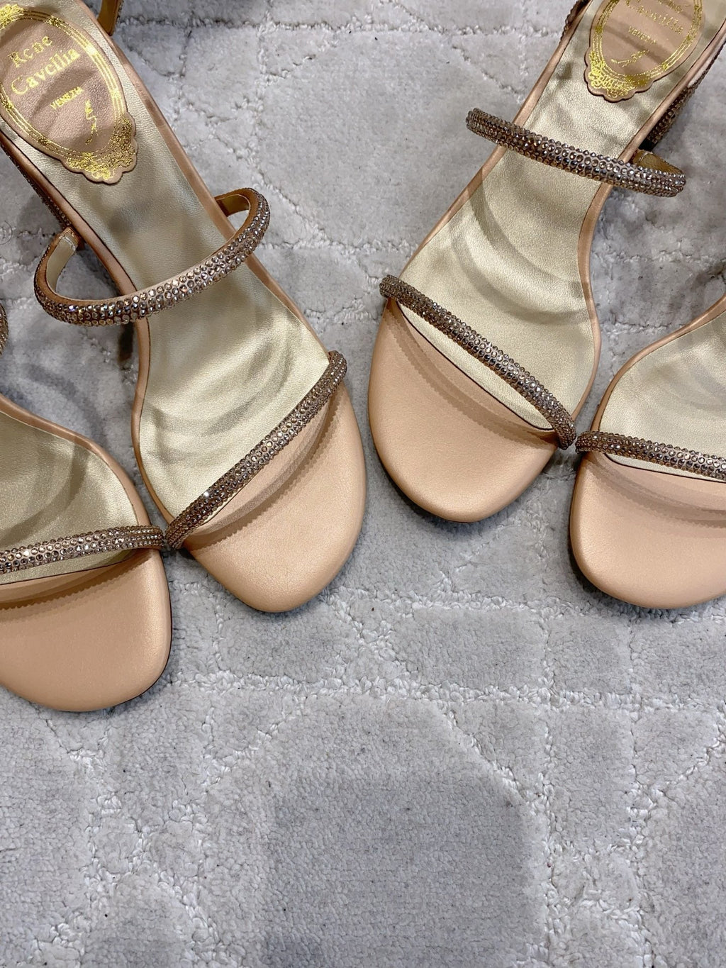 RENE CAOVILLA 26S RHINESTONE HIGH HEELS SANDALS 75 MM IN BEIGE LAMBSKIN