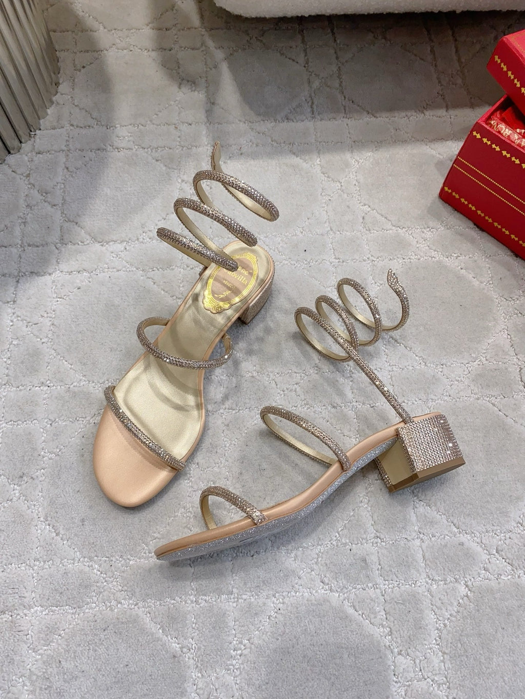 RENE CAOVILLA 26S RHINESTONE HIGH HEELS SANDALS 45 MM IN BEIGE LAMBSKIN