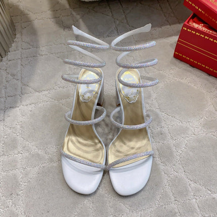 RENE CAOVILLA 26S RHINESTONE HIGH HEELS SANDALS 75 MM IN WHITE LAMBSKIN