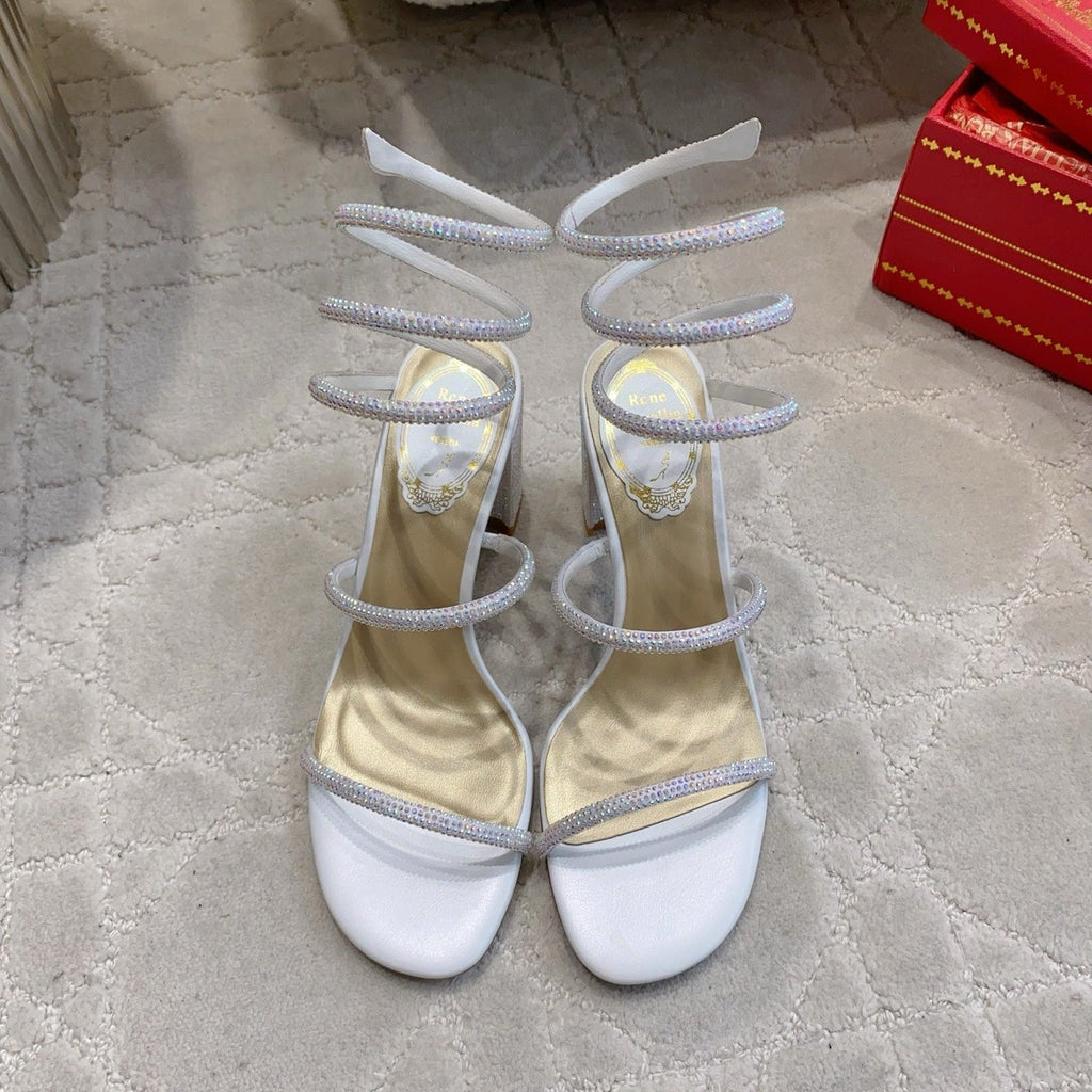RENE CAOVILLA 26S RHINESTONE HIGH HEELS SANDALS 75 MM IN WHITE LAMBSKIN