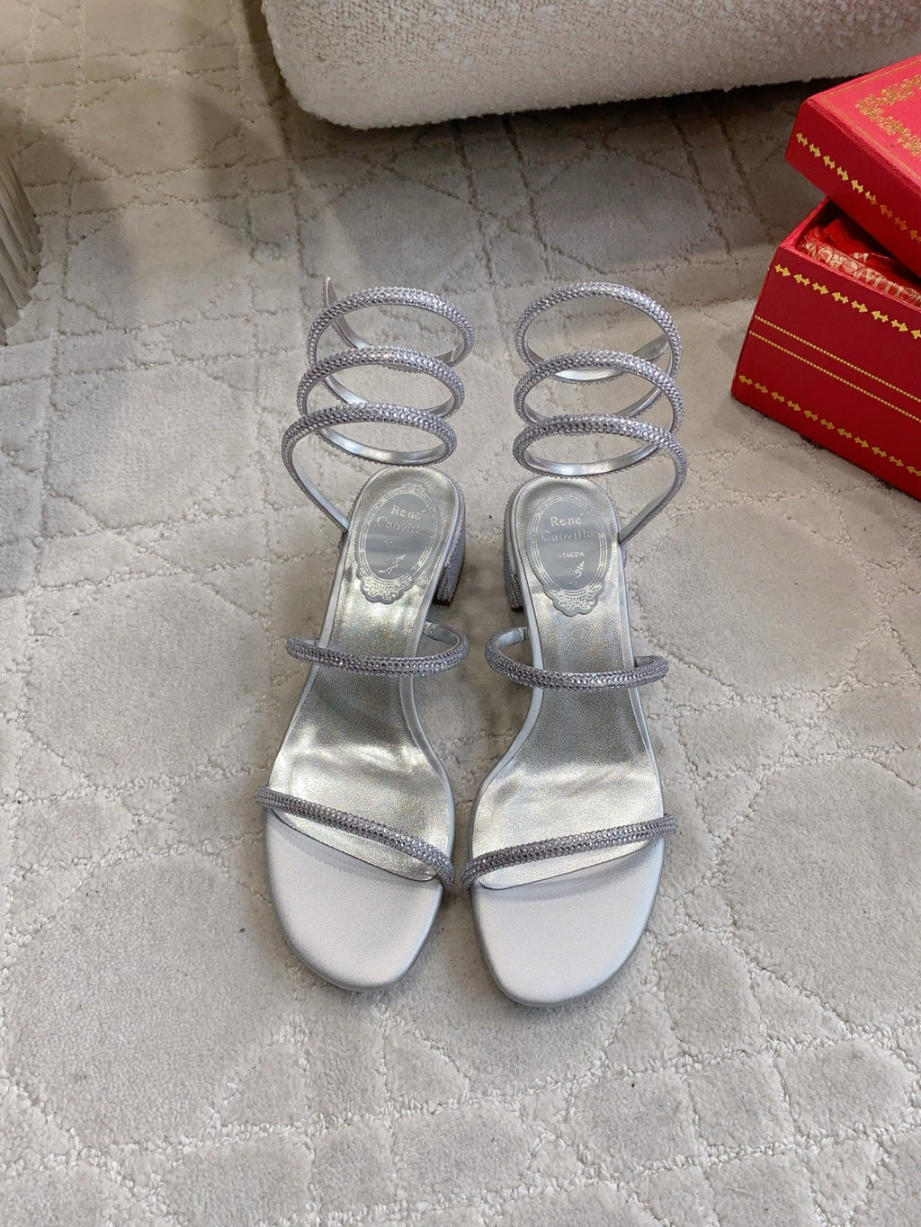 RENE CAOVILLA 26S RHINESTONE HIGH HEELS SANDALS 45 MM IN SILVER LAMBSKIN