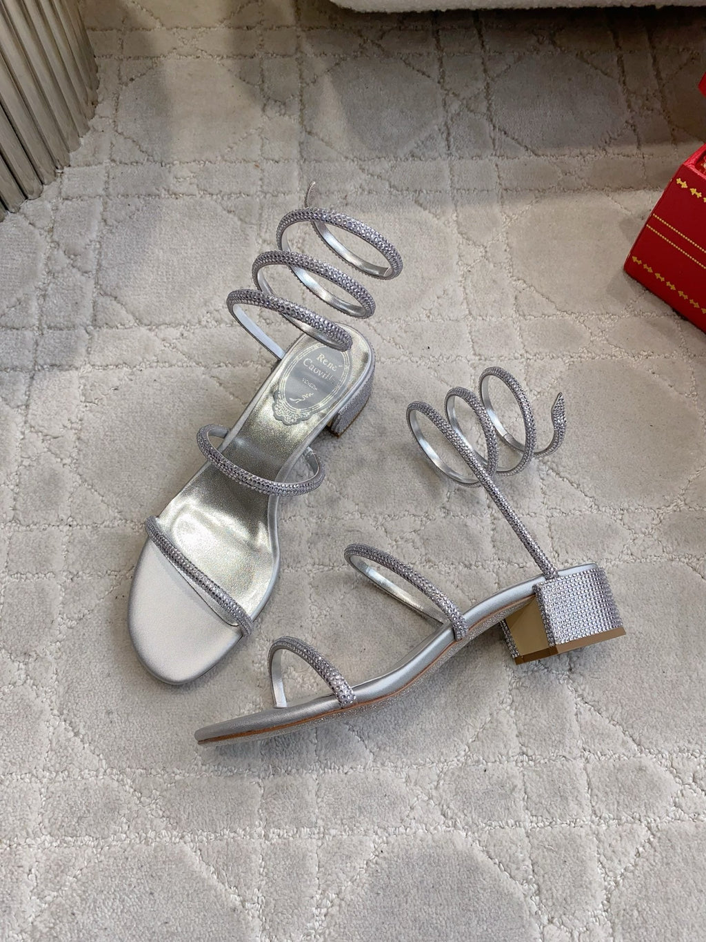RENE CAOVILLA 26S RHINESTONE HIGH HEELS SANDALS 45 MM IN SILVER LAMBSKIN