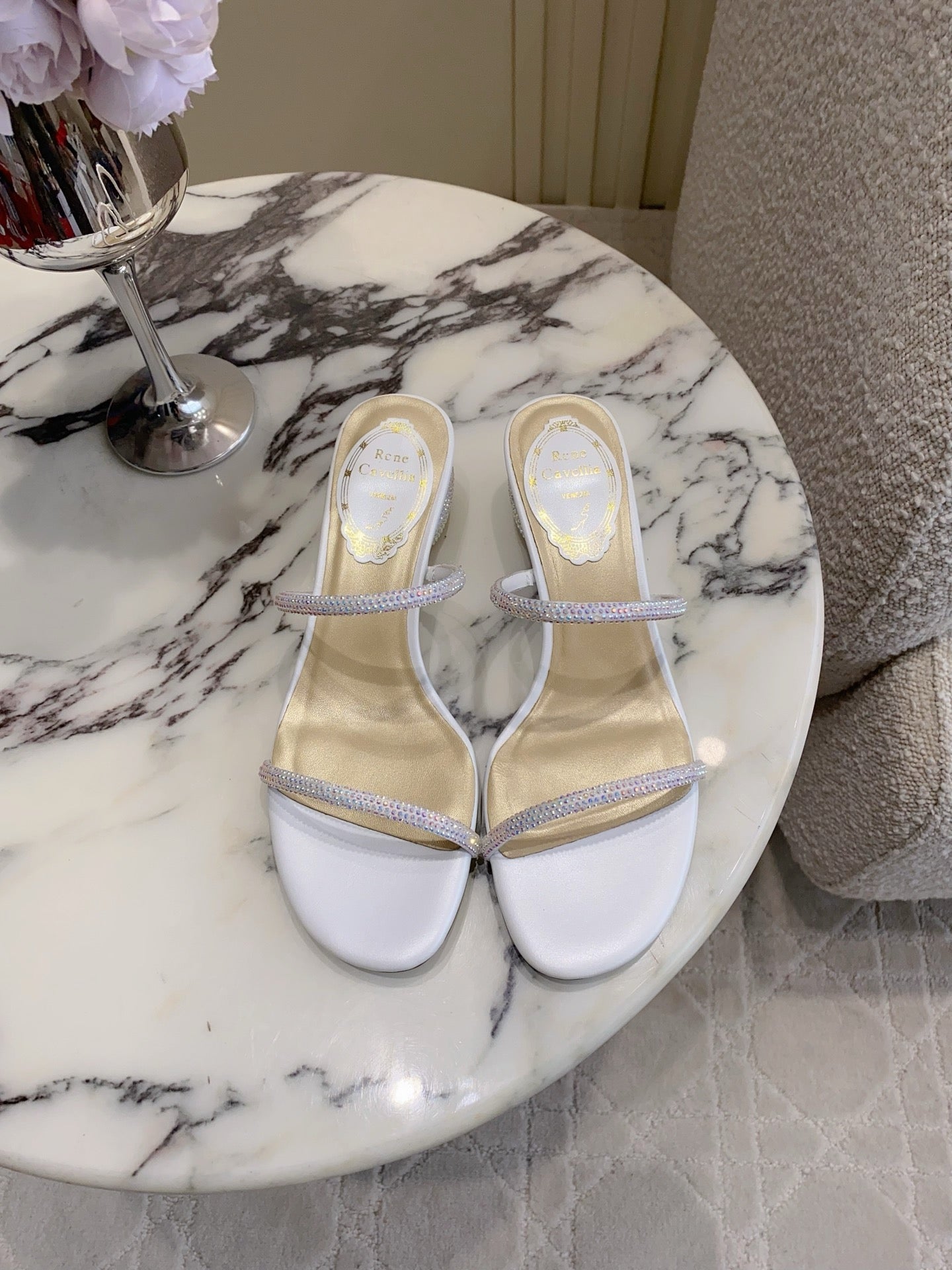 RENE CAOVILLA 26S HIGH-HEELED SANDALS 45 MM IN WHITE LAMBSKIN
