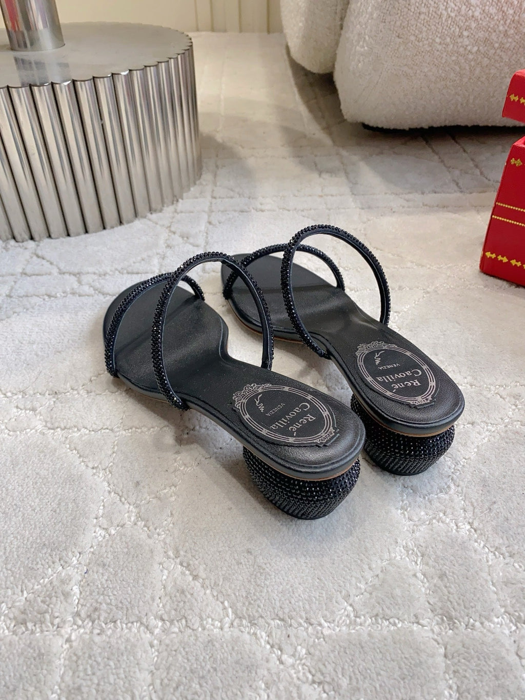 RENE CAOVILLA 26S HIGH-HEELED SANDALS 45 MM IN BLACK LAMBSKIN