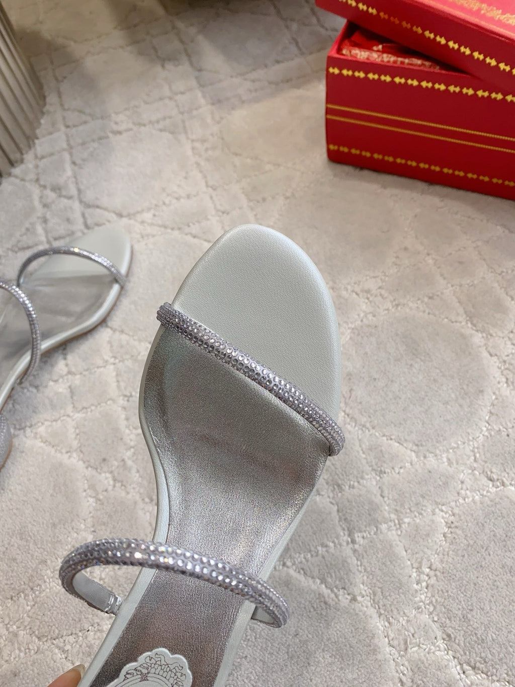 RENE CAOVILLA 26S HIGH-HEELED SANDALS 45 MM IN SILVER LAMBSKIN